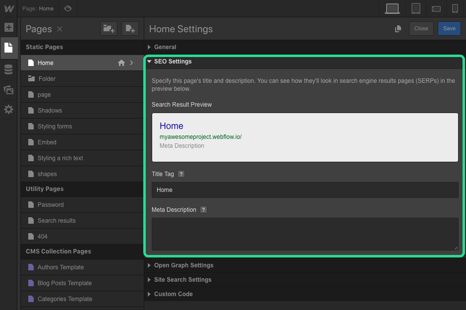SEO settings in Webflow