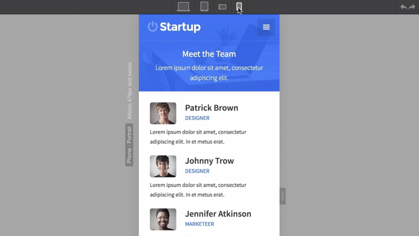 Mobile break point preview in Webflow (source: Webflow)